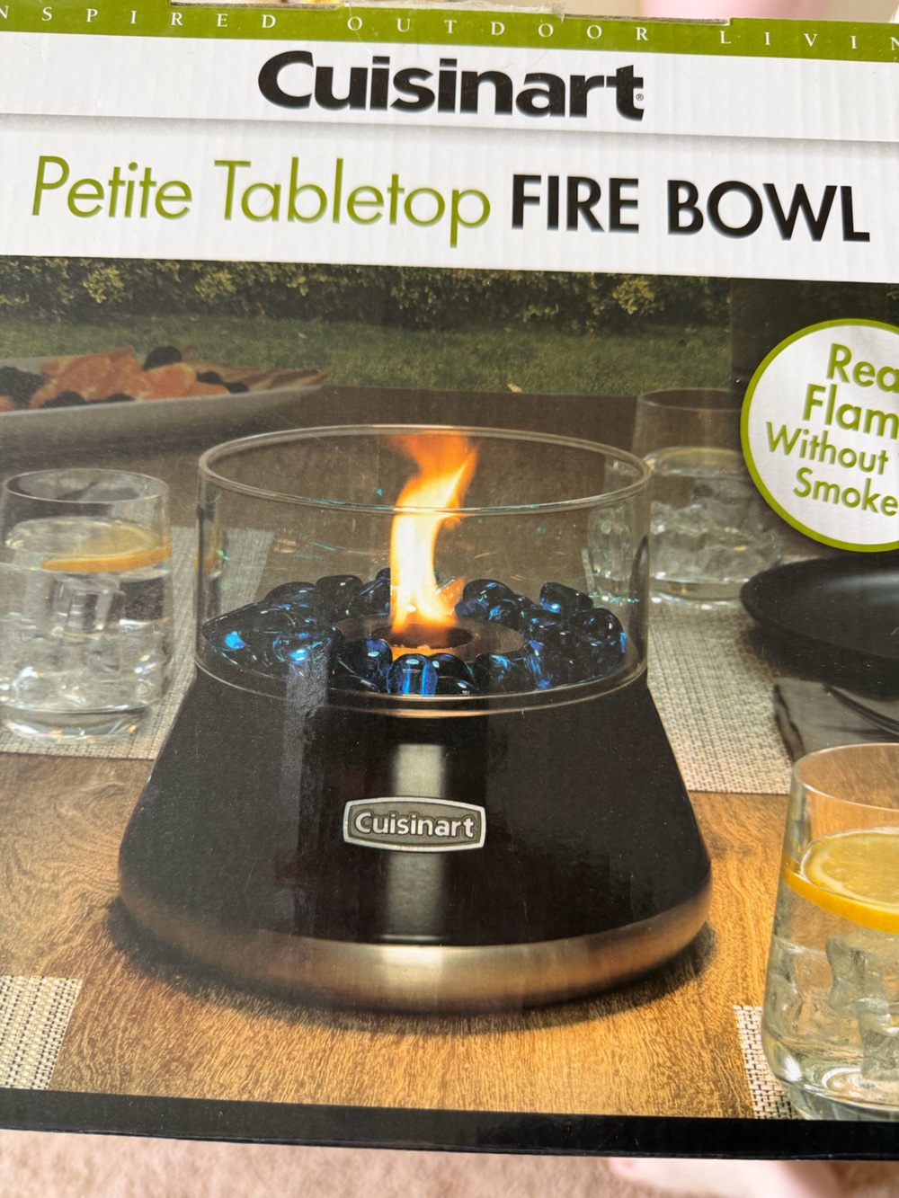 Cuisinart Black Tabletop Fire Bowl with Blue Glass-New
